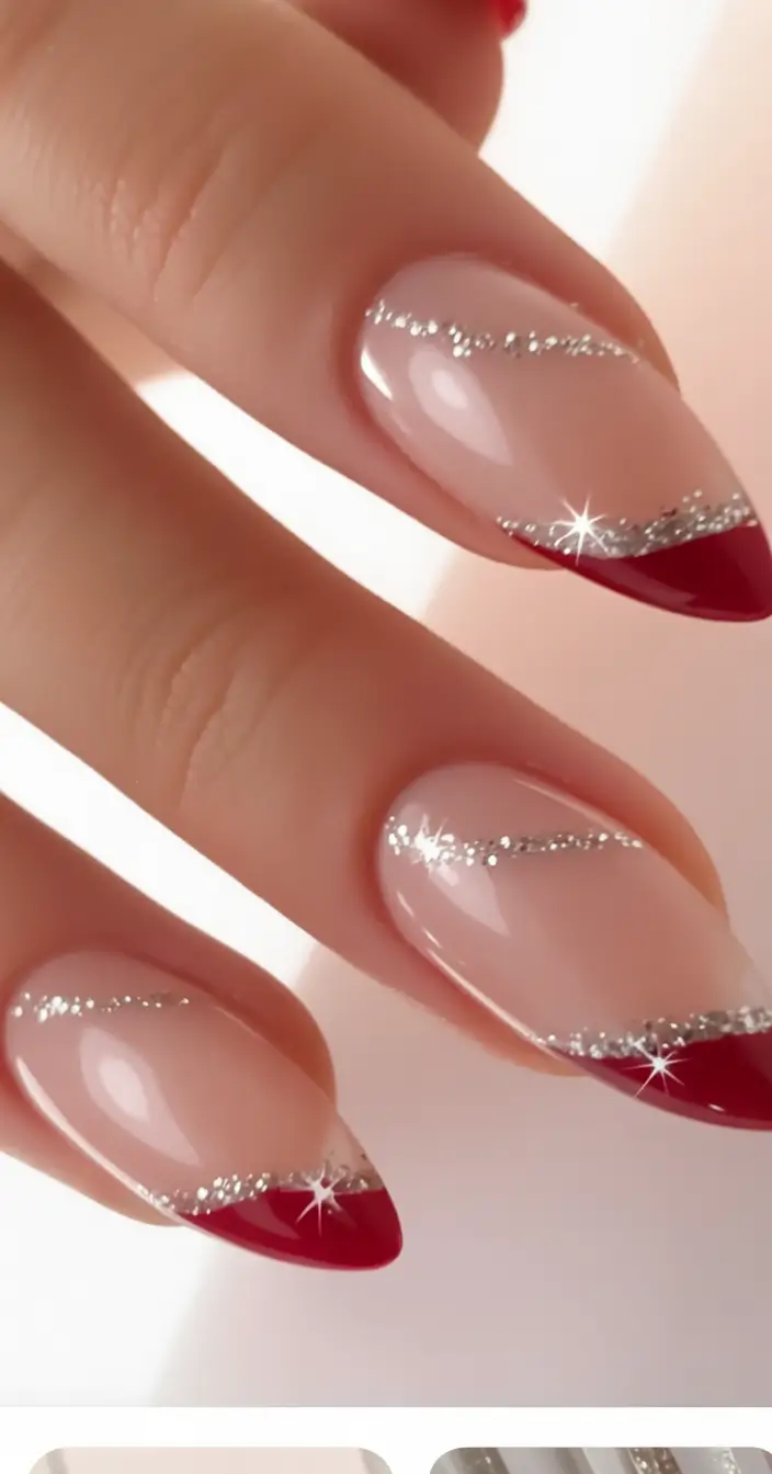 christmas french nails almond Red Velvet Spark Lines