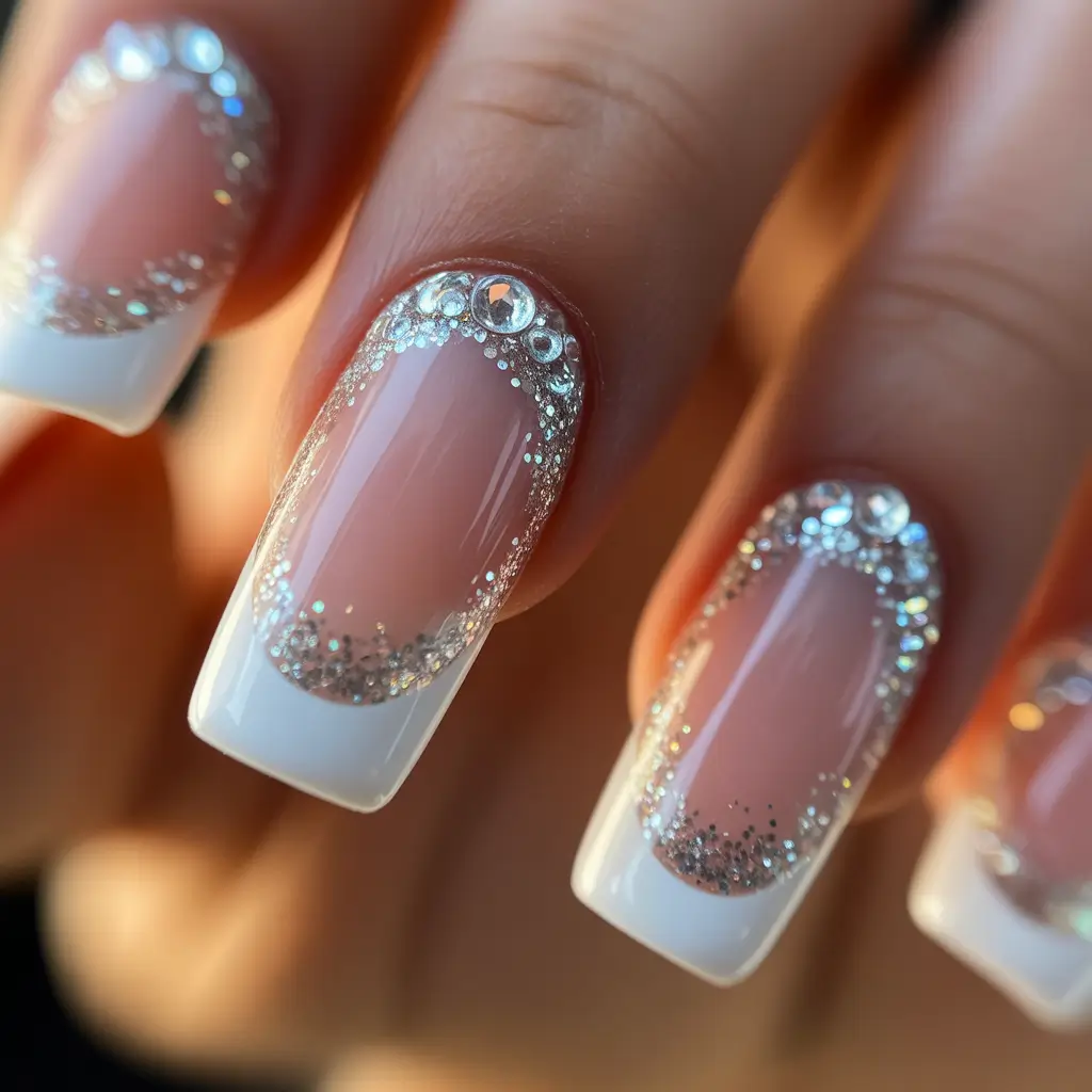 christmas french nails glitter Silver Halo French