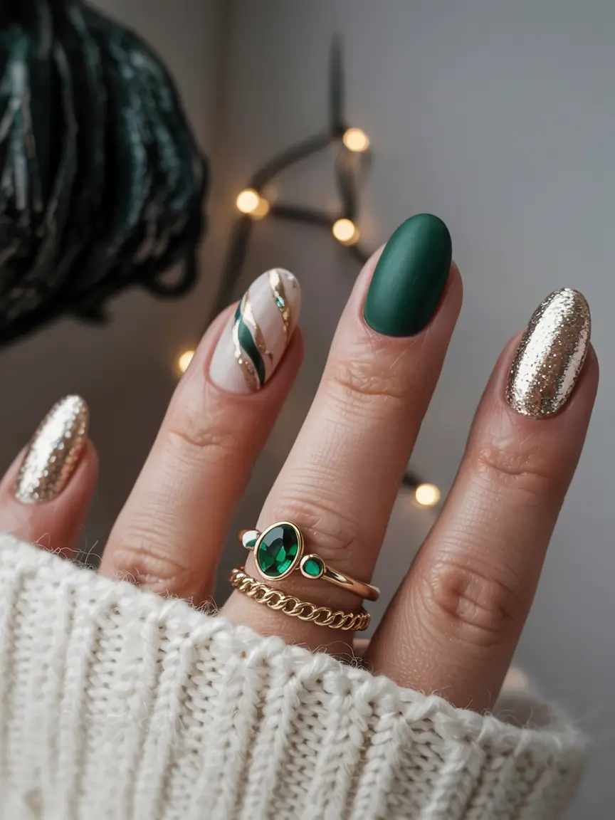 green winter nails acrylic Golden Emerald Glam
