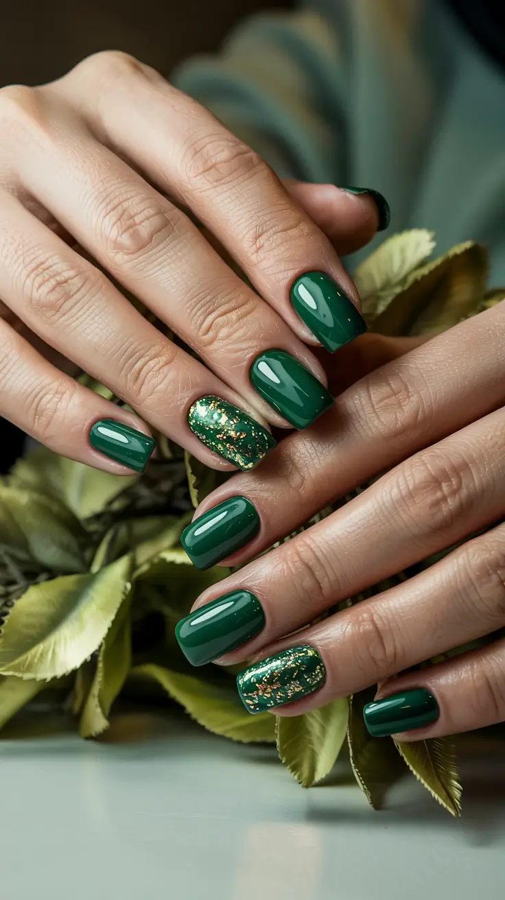 green winter nails short Classic Emerald Charm
