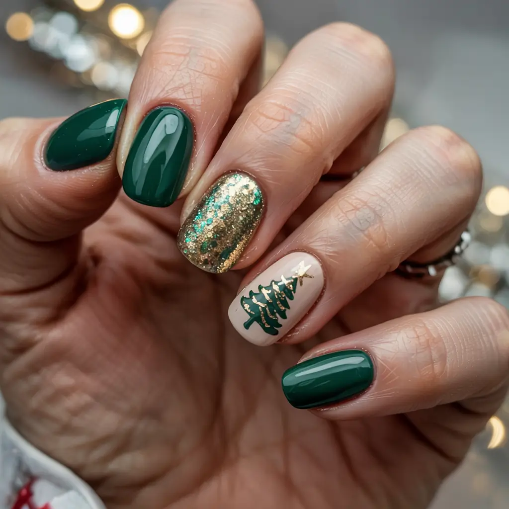 green winter nails snowflake Holiday Tree Glow