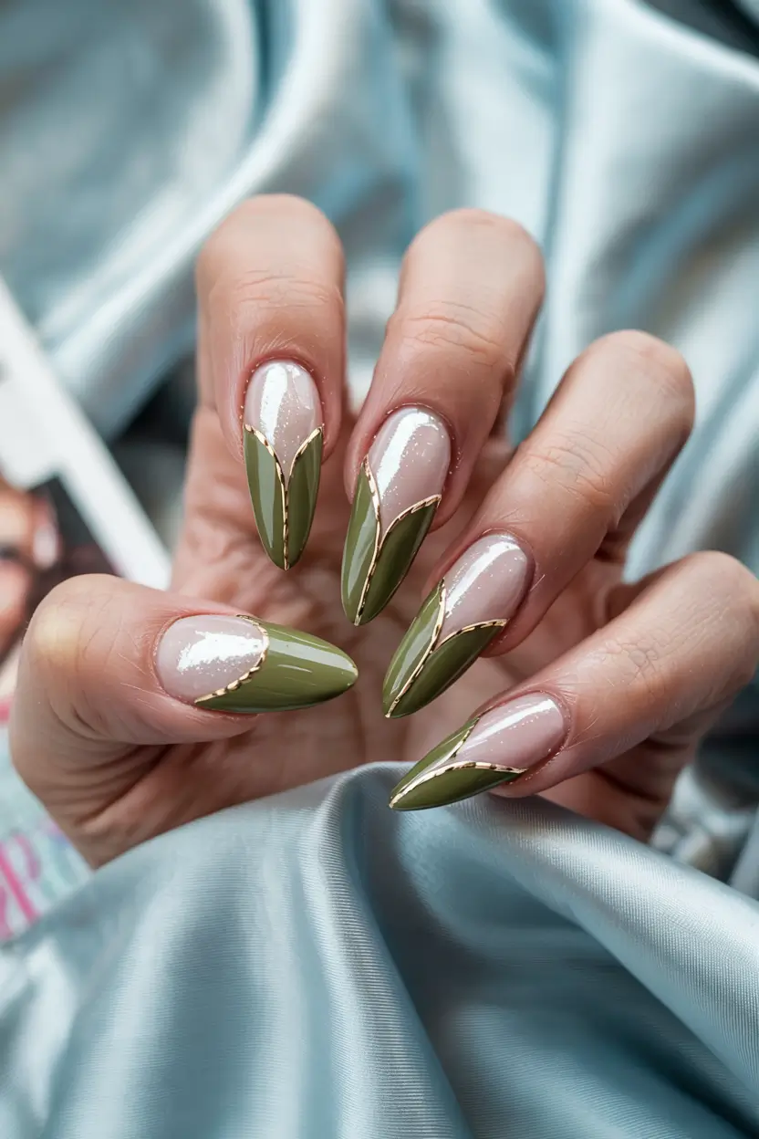green winter nails almond Olive Edge Elegance