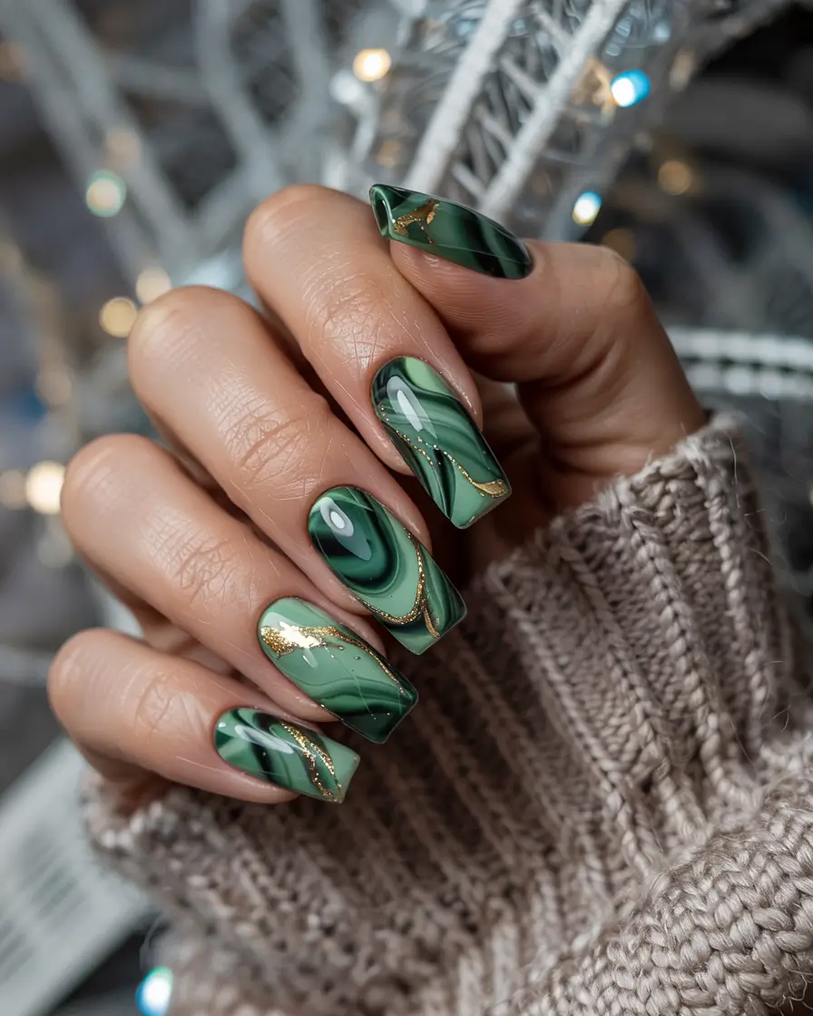 green winter nails acrylic marble elegance