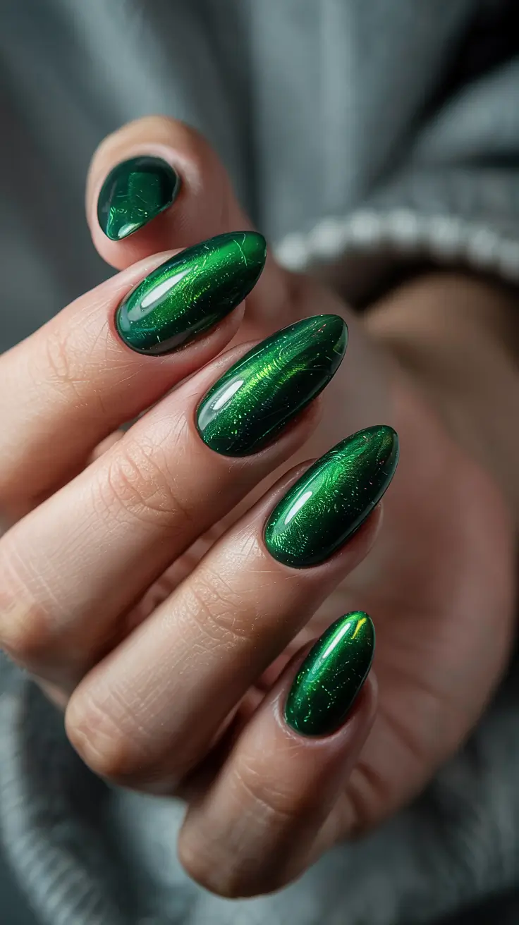 green winter nails almond emerald cat eye