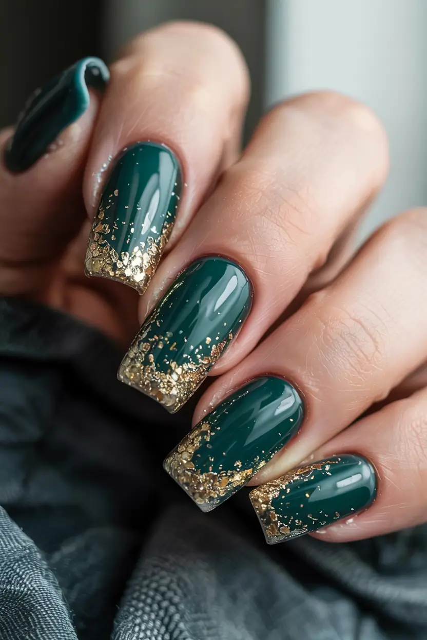 green winter nails square Golden Edge Forest French