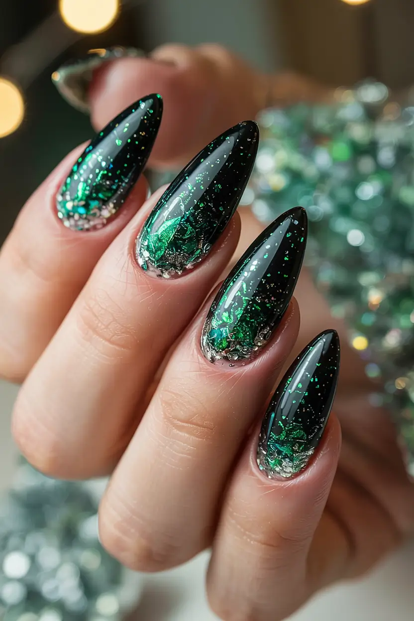green winter nails coffin Aurora Glow