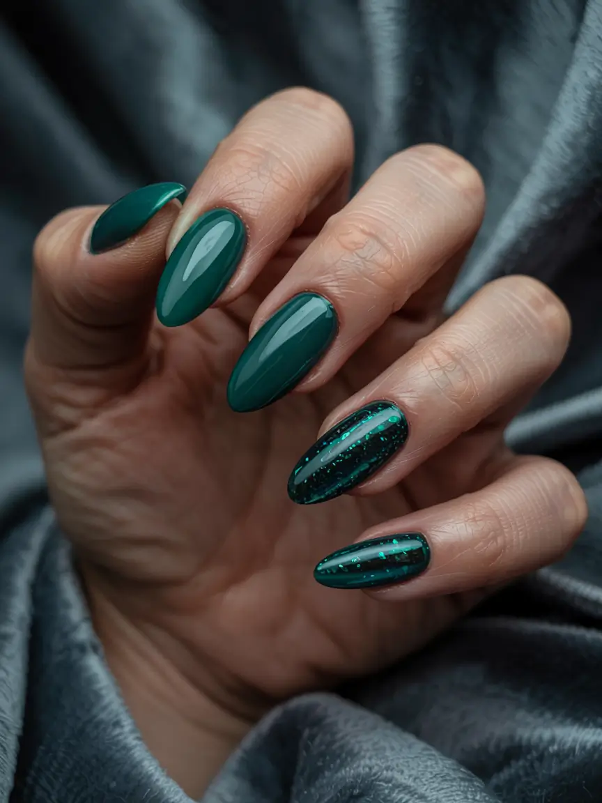 green winter nails almond Velvet Nightfall
