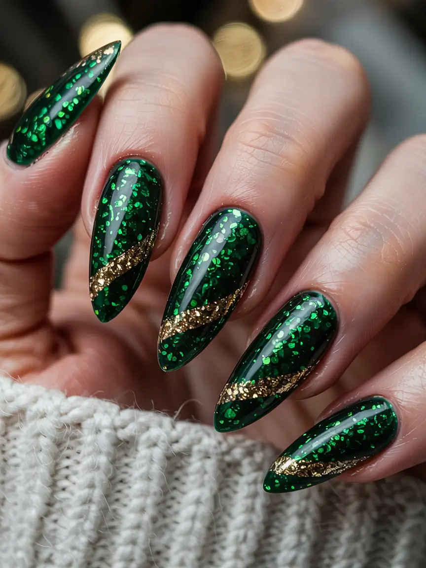 green winter nails acrylic Emerald Spark Veil