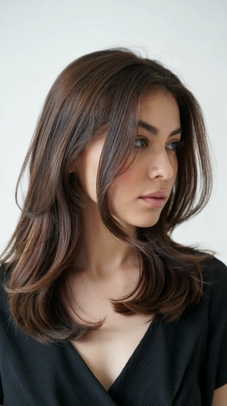 winter haircuts for round faces Chocolate Brown Layers with Natural Volume