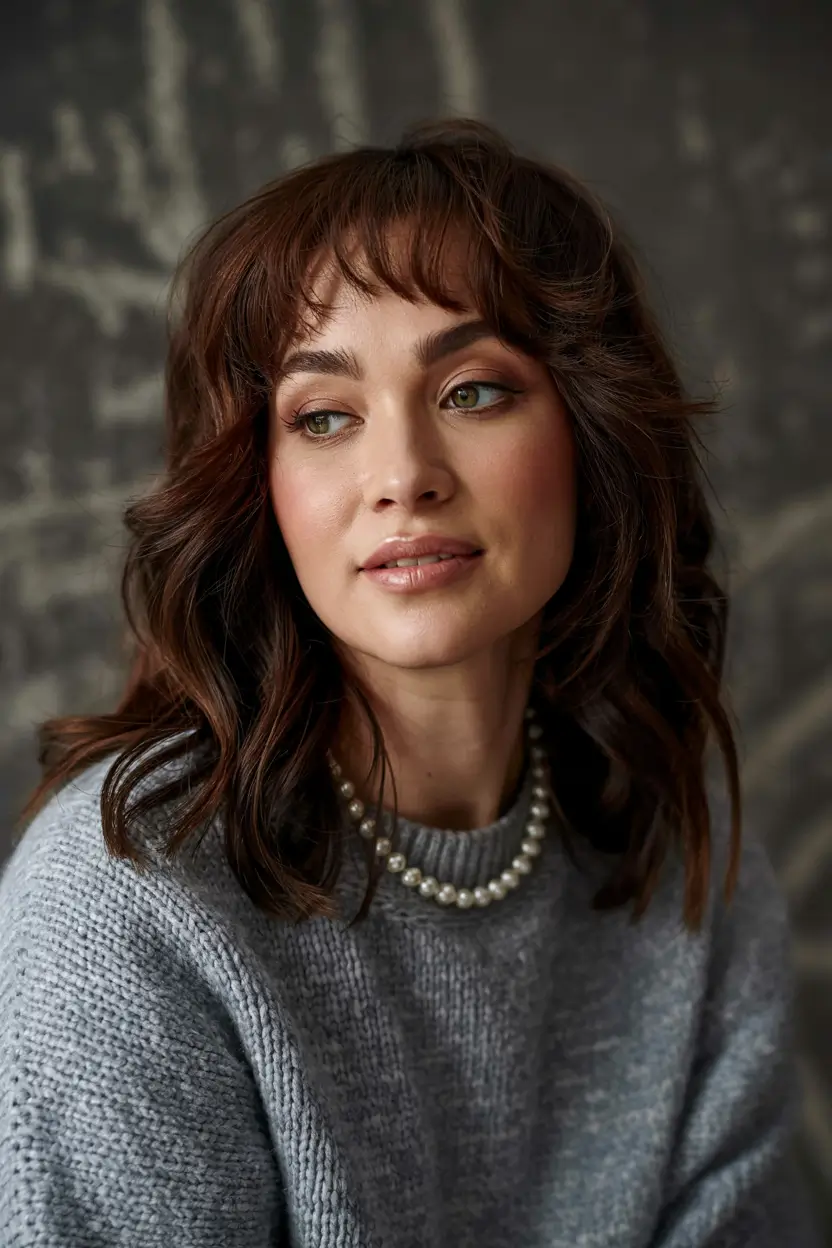 winter haircuts for round faces Soft Shag Revival with Wispy Bangs