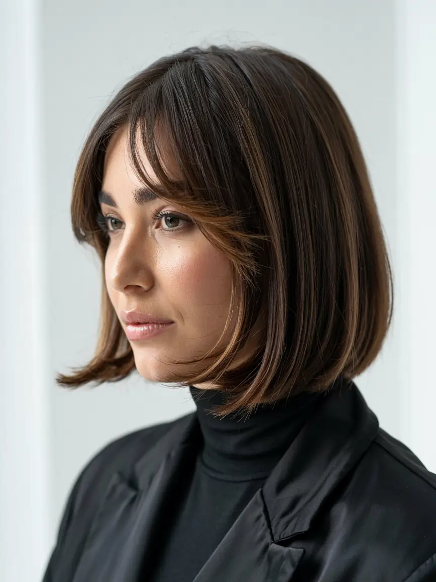 winter haircuts for round faces Polished Micro-Bob with Fringe Detailing