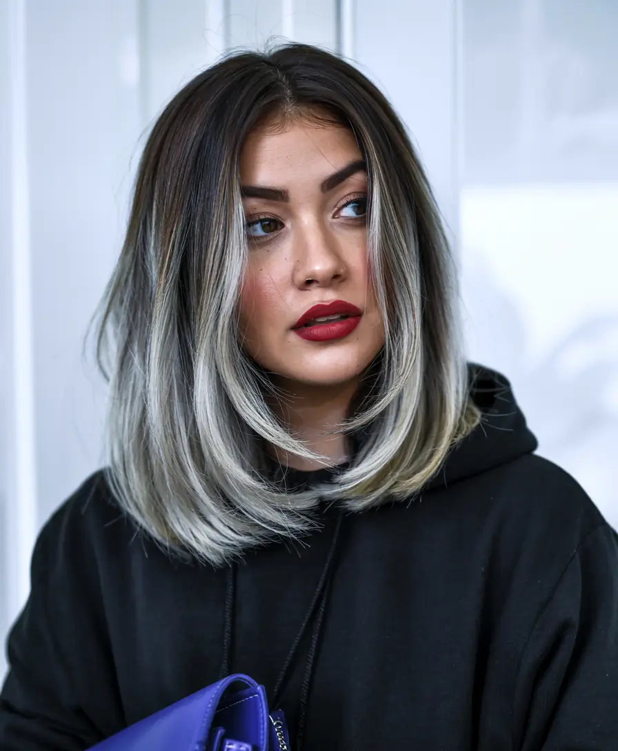 winter haircuts for round faces frosted ash lob with dark roots