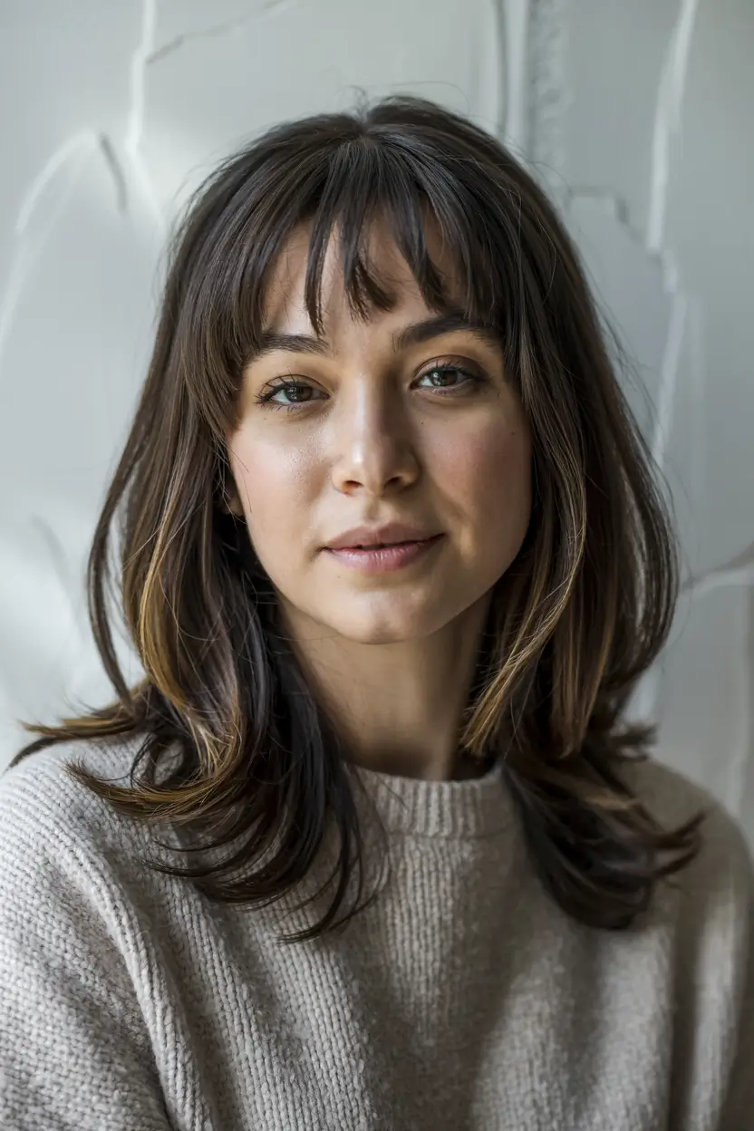 winter haircuts for round faces feathered brunette with soft fringe