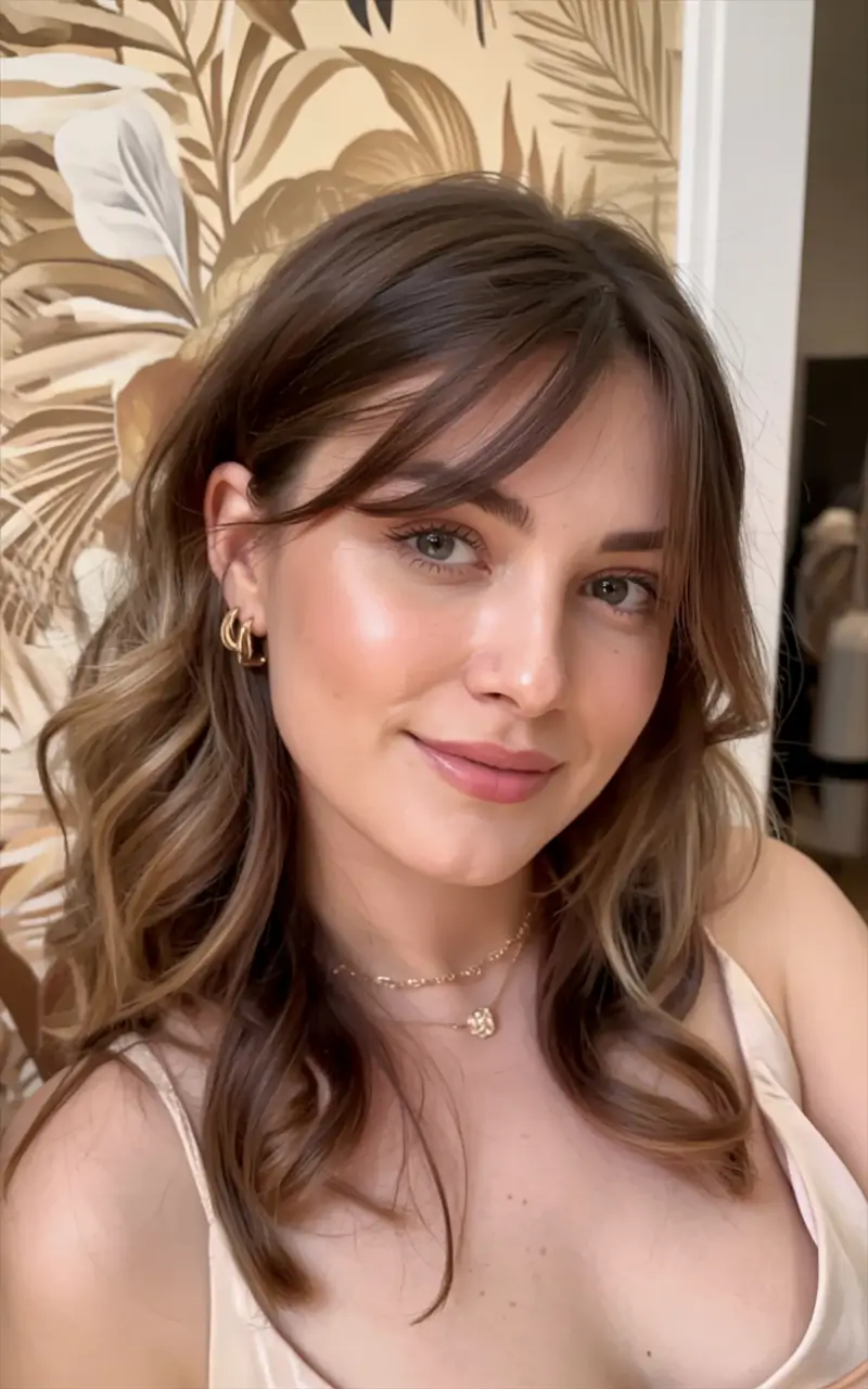 winter haircuts for round faces Warm Brunette Waves with Curtain Bangs