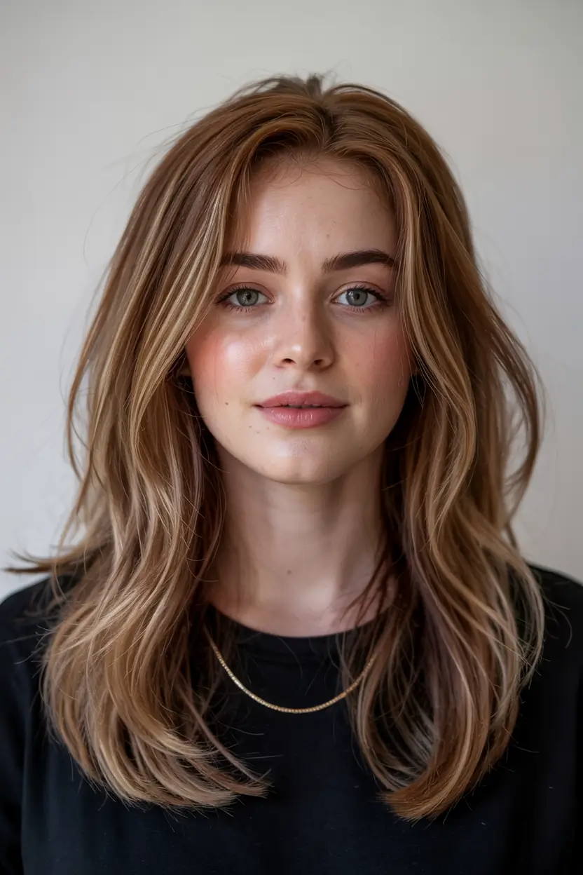 winter haircuts for round faces Honey-Layered Blonde with Subtle Volume