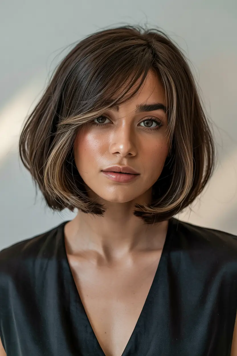 winter haircuts for round faces Polished Bob with Side Bangs