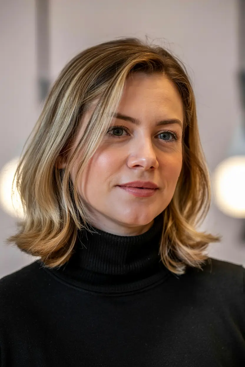 winter haircuts for round faces Classic Soft Lob with Golden Highlights