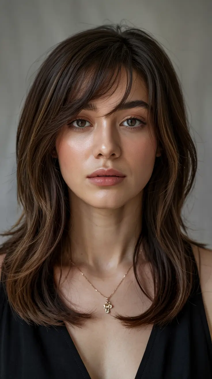 winter haircuts for round faces Wispy Layered Cut with Airy Bangs