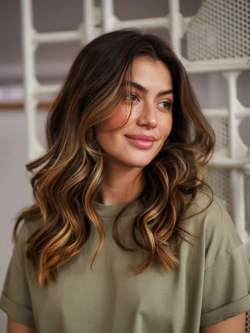 winter haircuts for round faces Golden Caramel Curls with Lived-In Warmth