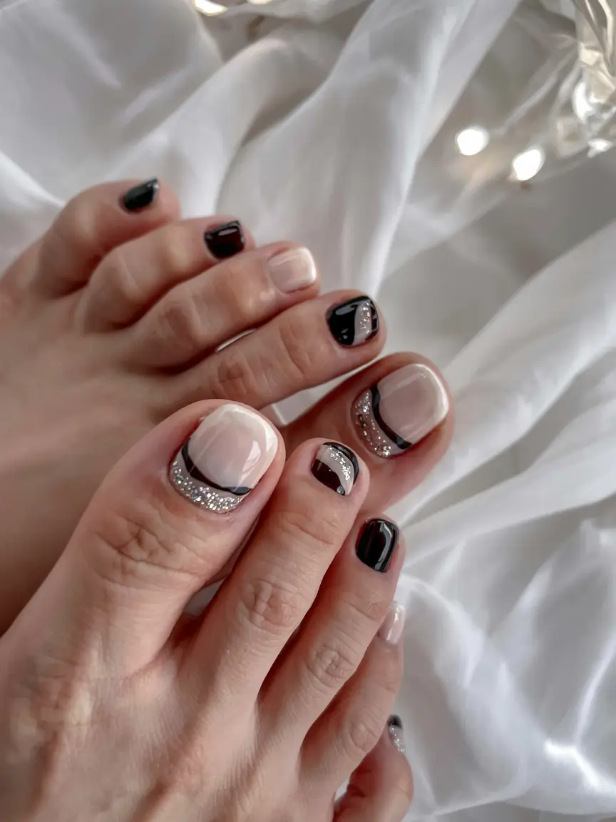 winter nails toes Monochrome Chic: Black, Nude & Silver Geometry