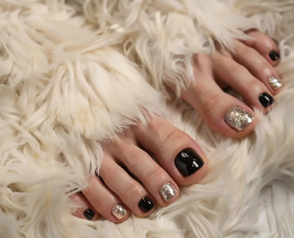winter nails toes Golden Noir: Glitter Meets Classic Black