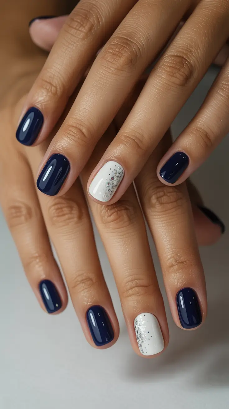 dip nail ideas short winter Midnight Snowfall Elegance