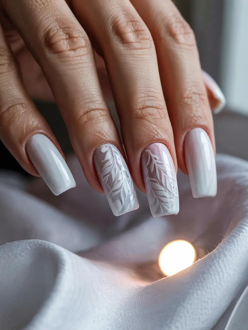 winter nails designs White Frost Leaves