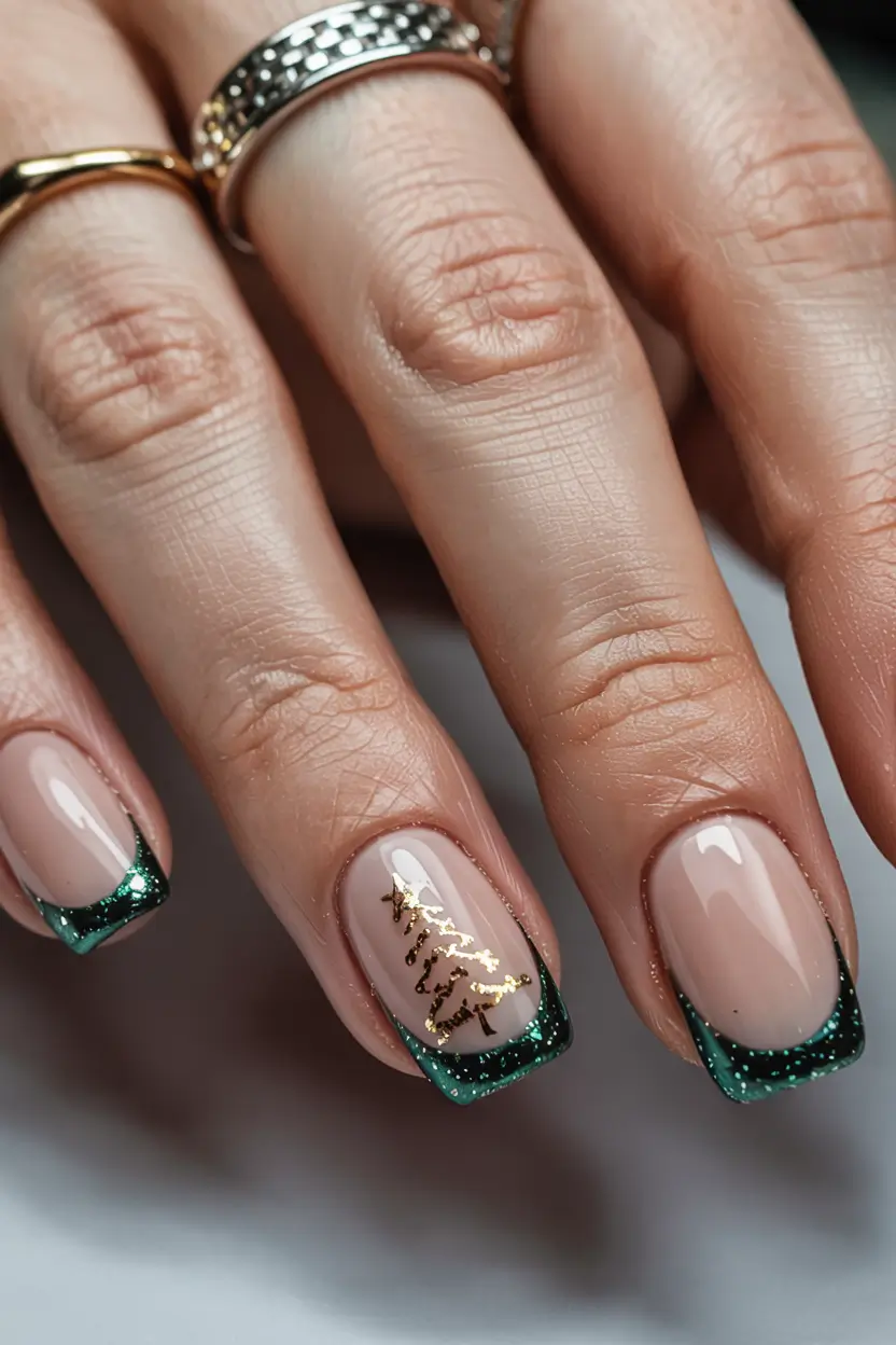 winter nails designs Emerald French with a Golden Twist