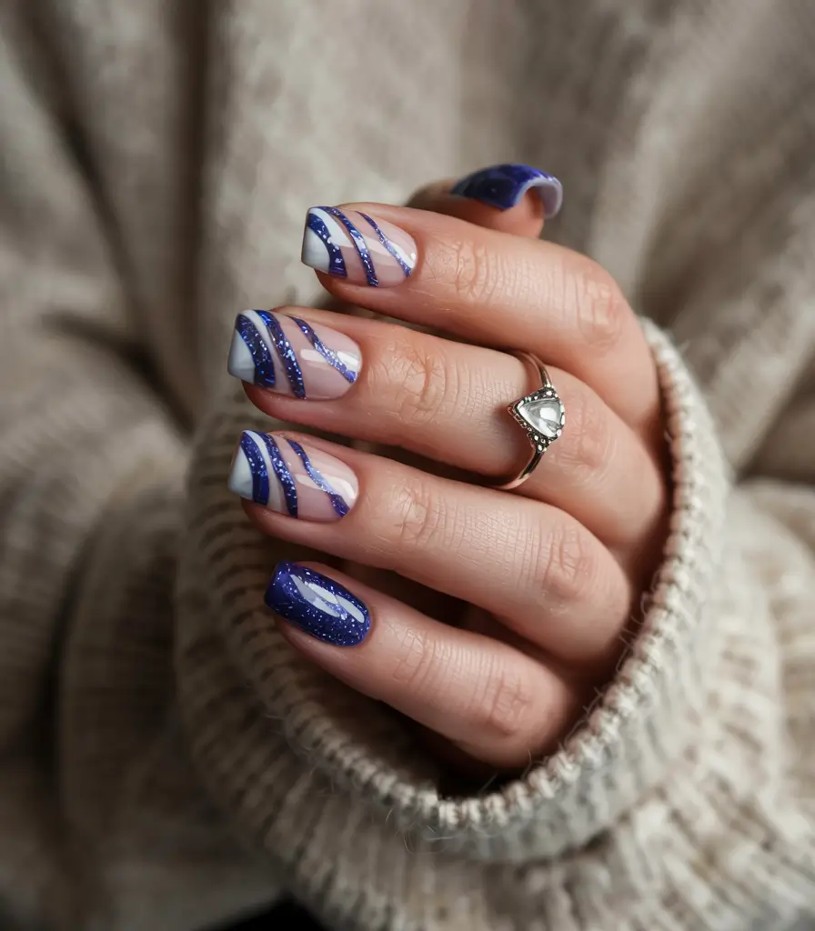 winter nails designs Midnight Blue Sparkle Waves