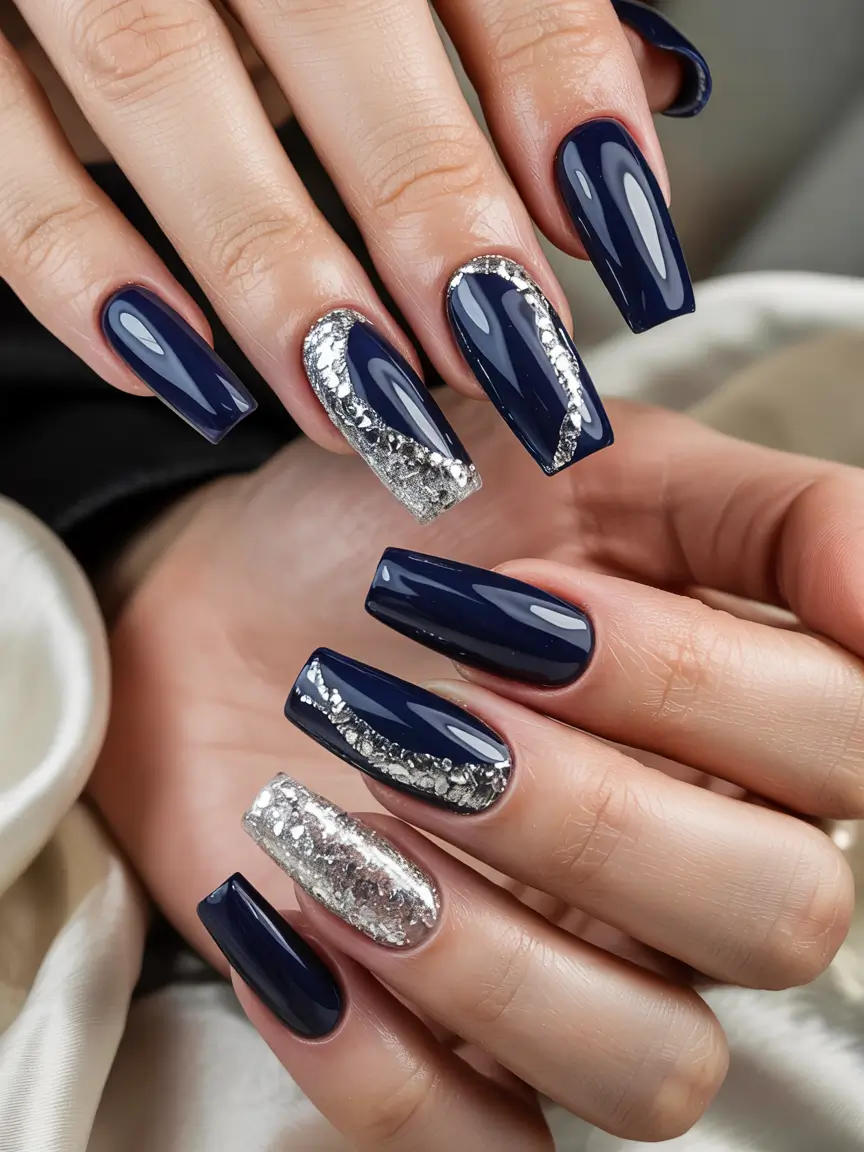 winter nails ideas Midnight Luxe in Navy and Silver