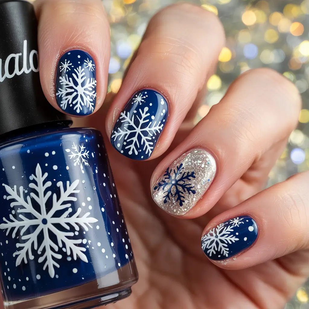 winter nails 2025 trends Midnight Snowflakes