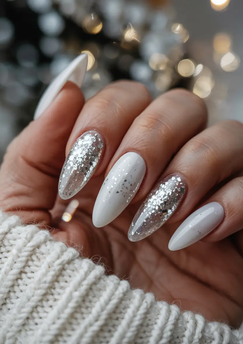 white christmas nails ideas 2025 Snowfall Sparkle Elegance