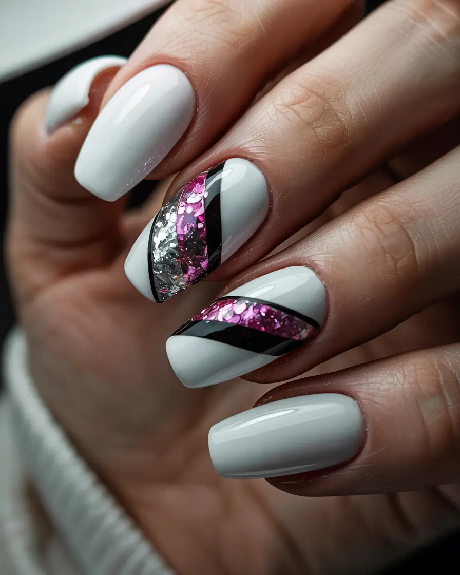 white christmas nails ideas 2025 Pink Spark Stripes