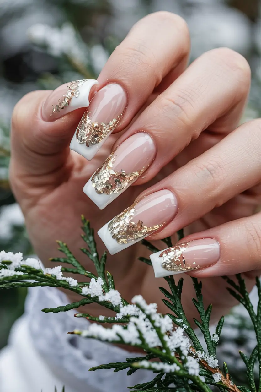 white christmas nails ideas 2025 Golden Snowfall French