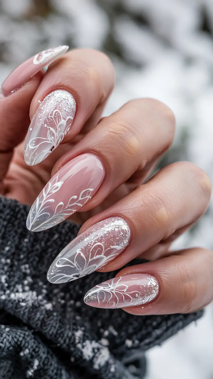 white christmas nails ideas 2025 Frosted Petal Whisper