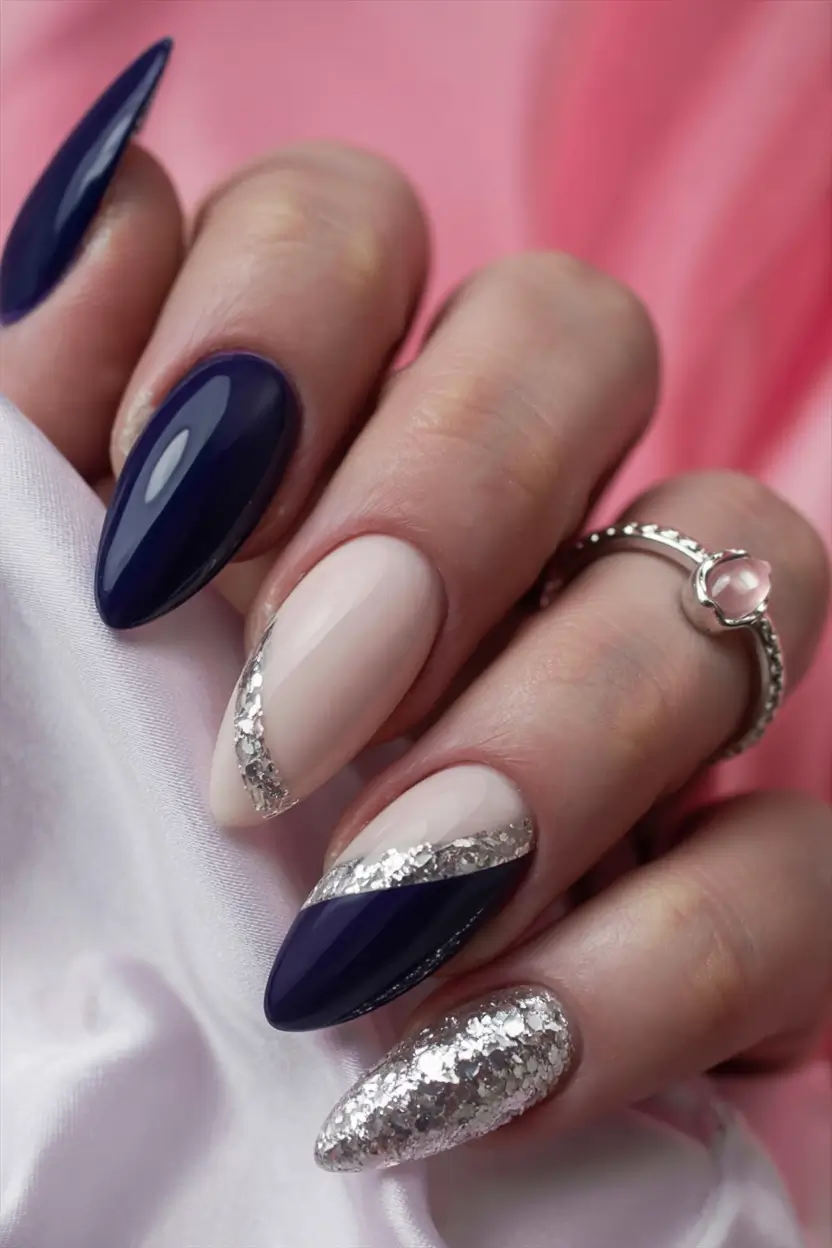 white christmas nails ideas 2025 Midnight Frost Glam