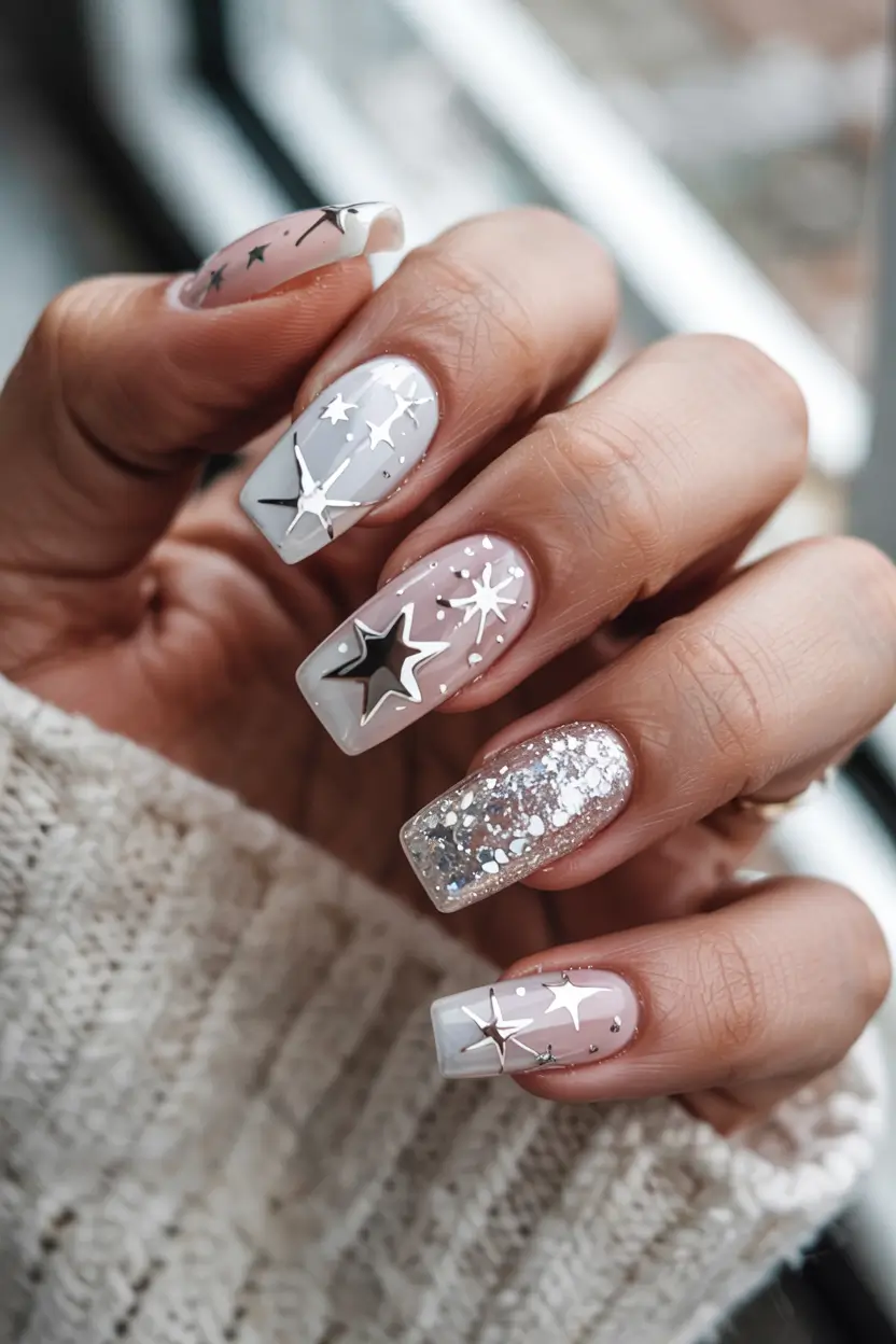 white christmas nails ideas 2025 Starry Night Shine