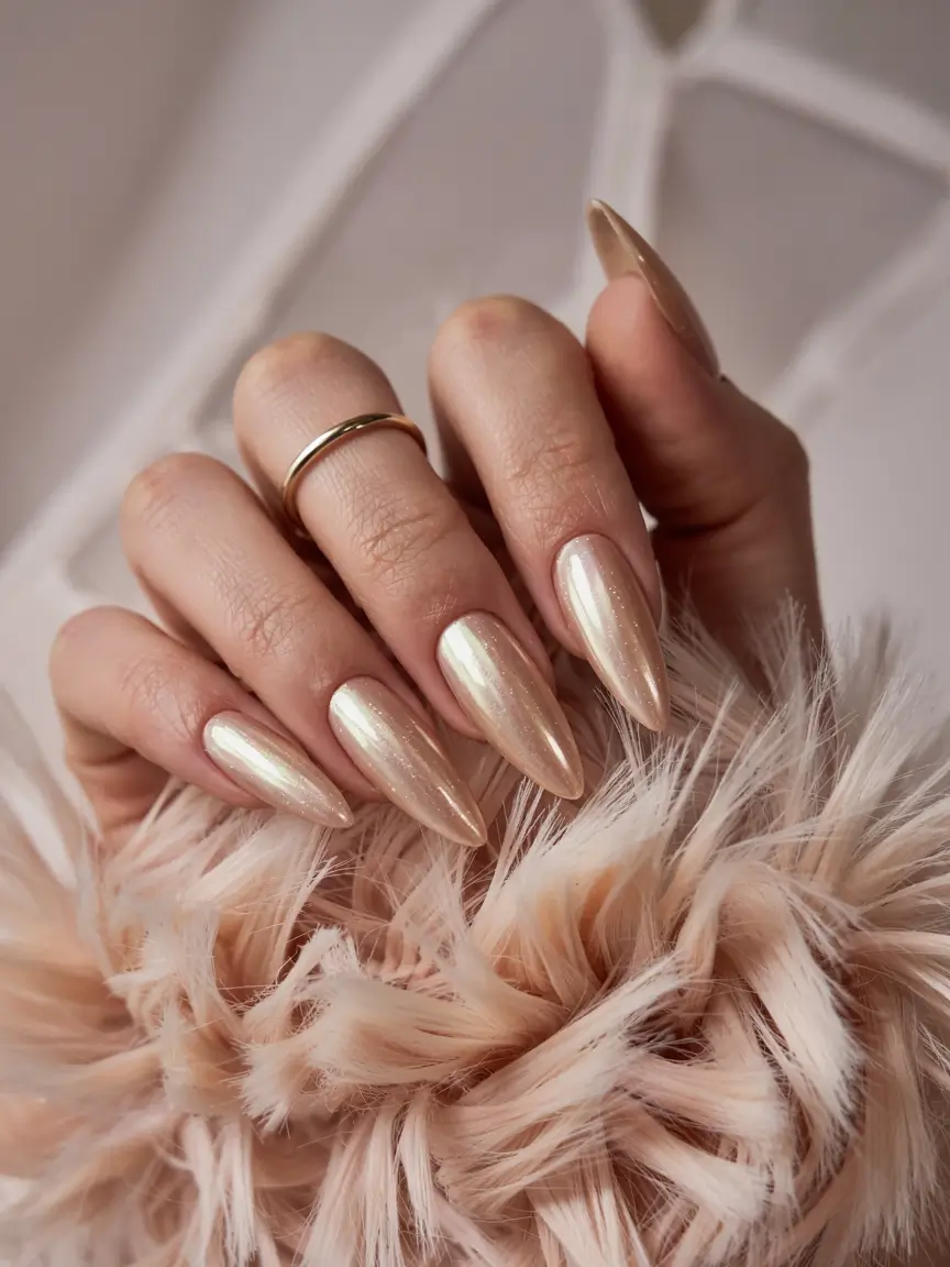 winter almond nails ideas 2025-2026 Champagne Pearl Nude Glow Metallic Simple