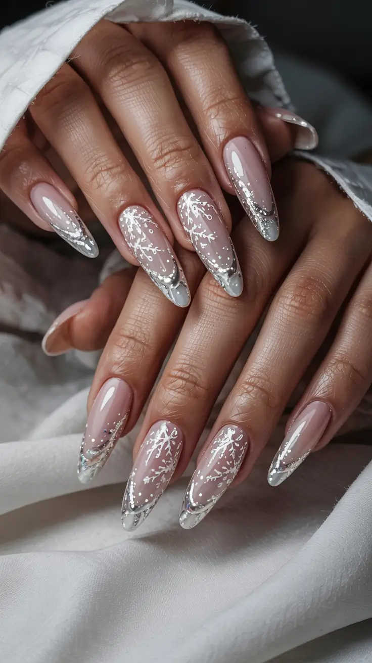 winter almond nails ideas 2025-2026 Silver Frost Veins Icy French Elegance