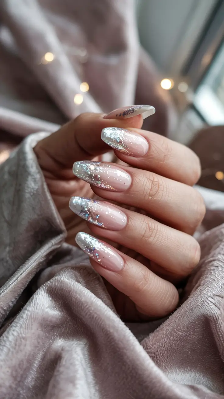 winter almond nails ideas 2025-2026 Snowfall Glow Glitter Ombre Perfection