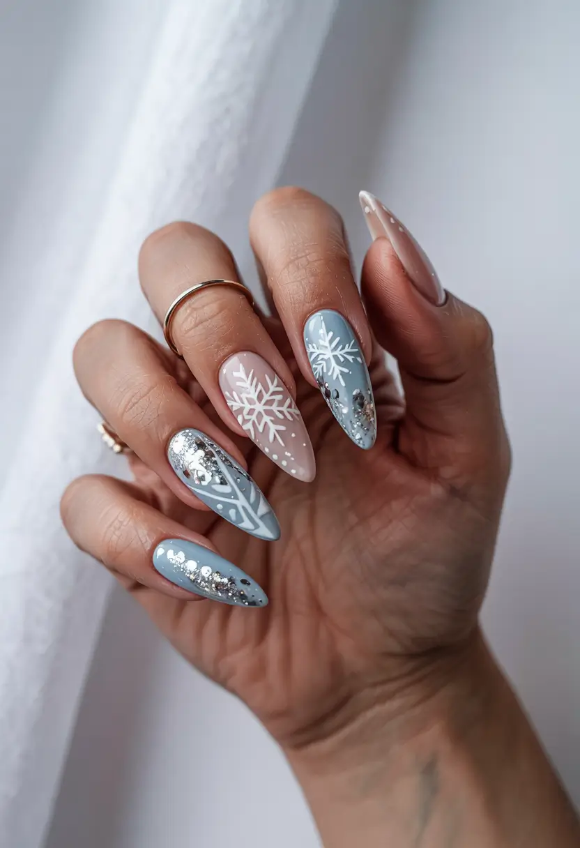 winter almond nails ideas 2025-2026 Frosted Nordic Charm Blue and Beige Snowflakes