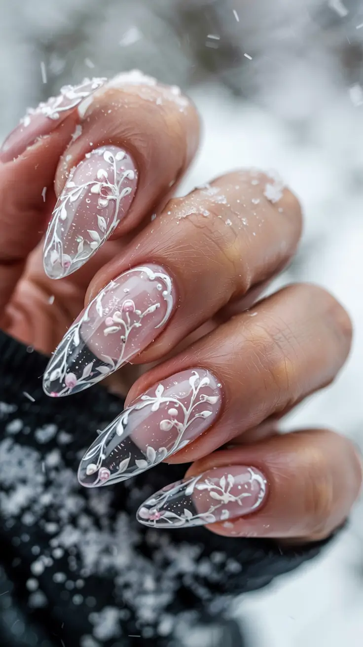 winter almond nails ideas 2025-2026 Winter Blossom Transparent Floral Whispers
