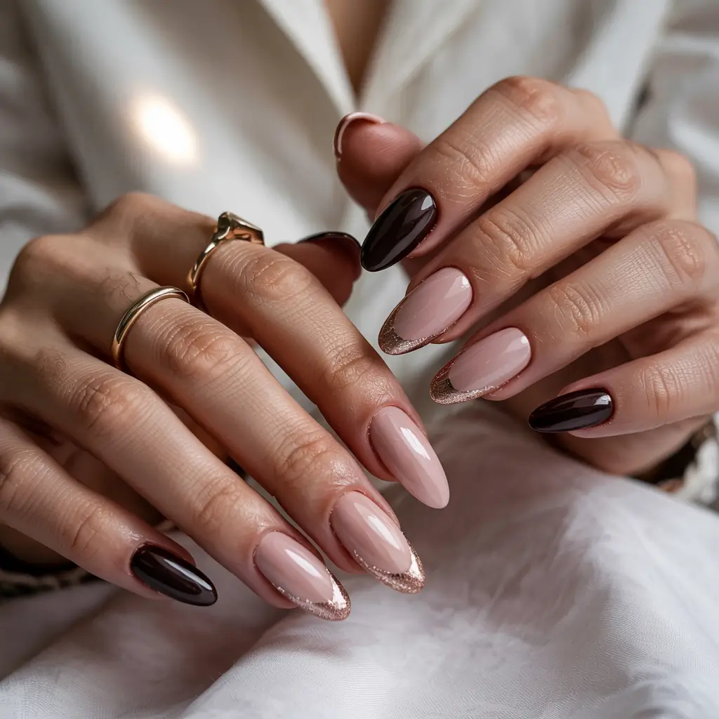 winter almond nails ideas 2025 Soft Nude Elegance with Mocha Accents
