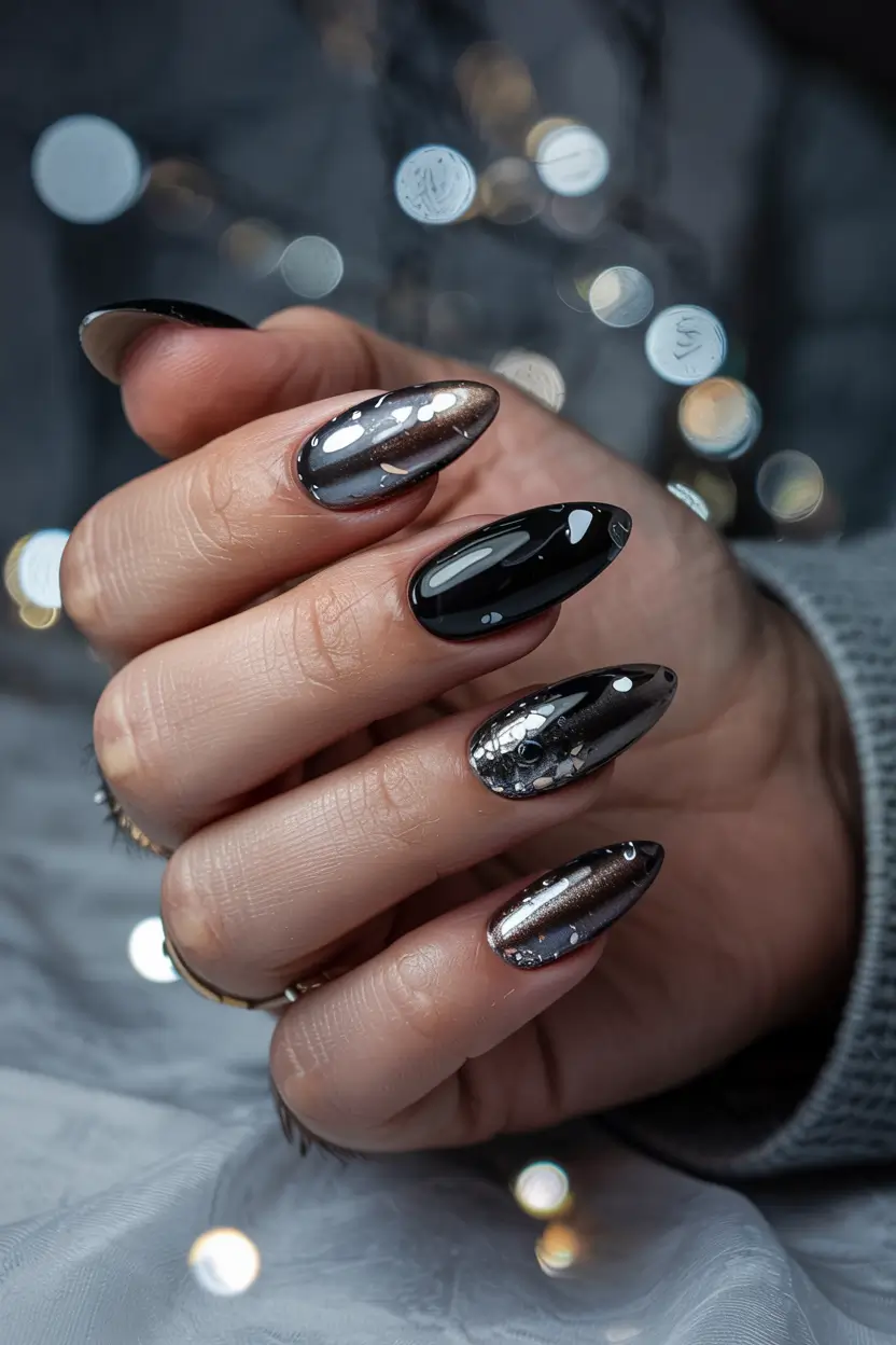 winter almond nails ideas black Midnight Chrome Magic