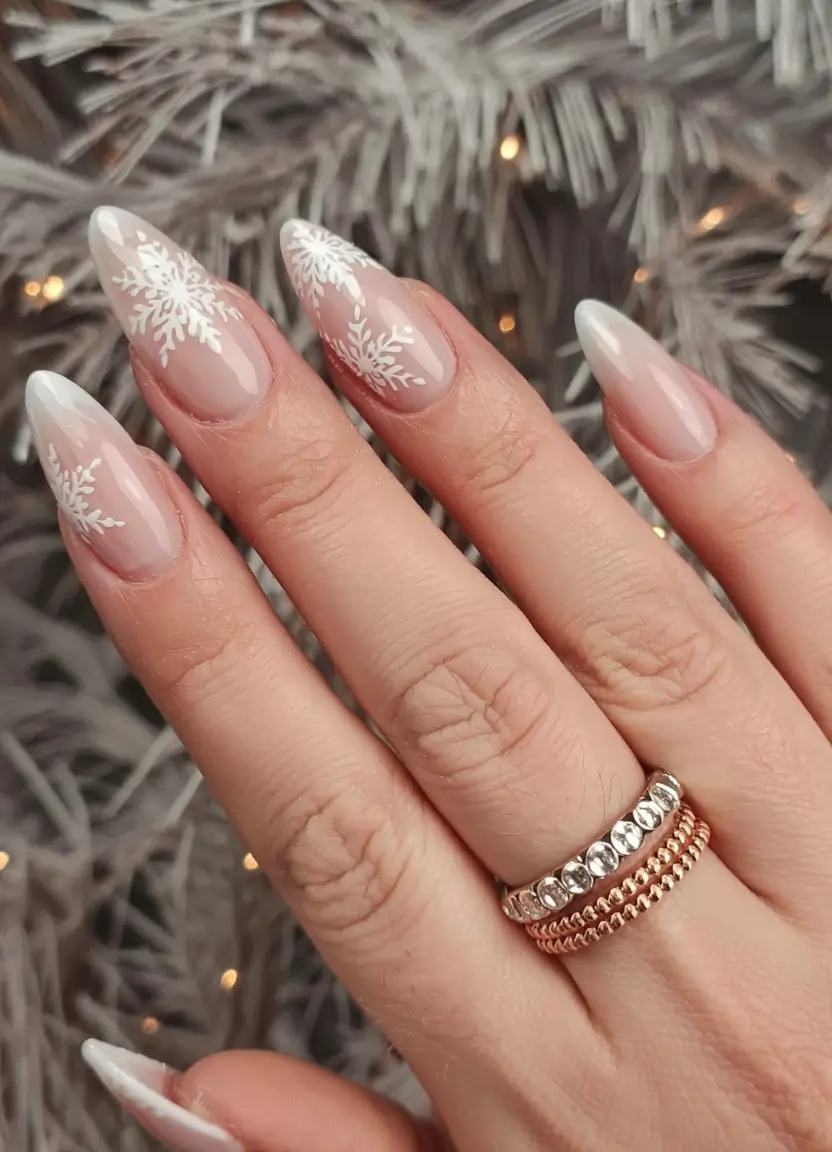 winter almond nails ideas 2025-2026 Snowflake Whisper Soft Nude White Frost