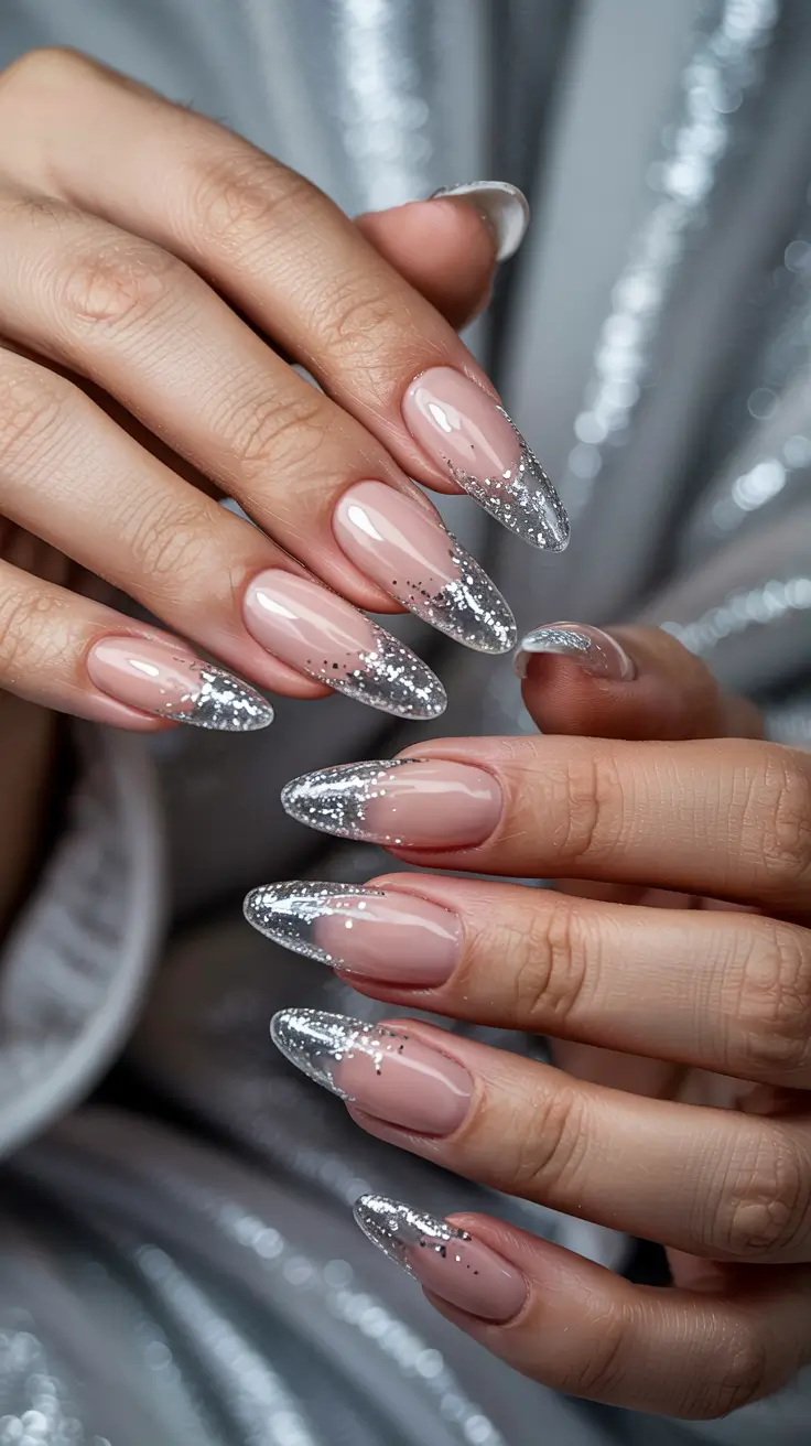 winter almond nails ideas 2025 Silver Sparkle Frost