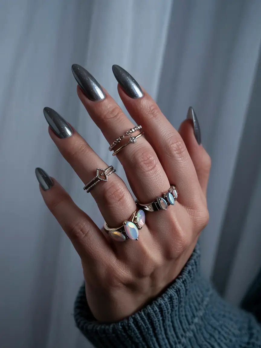 winter almond nails ideas blue Metallic Storm