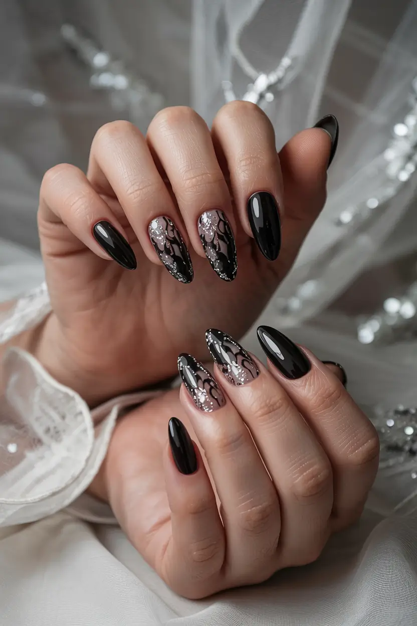 winter almond nails ideas dark Black Lace Illusion