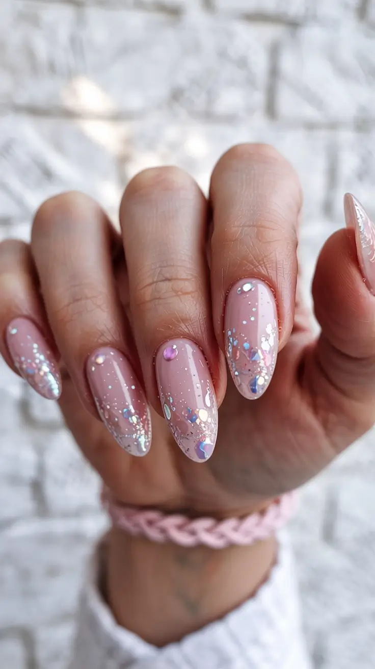winter almond nails ideas 2025-2026 Crystal Blush Pink Glitter Shimmer