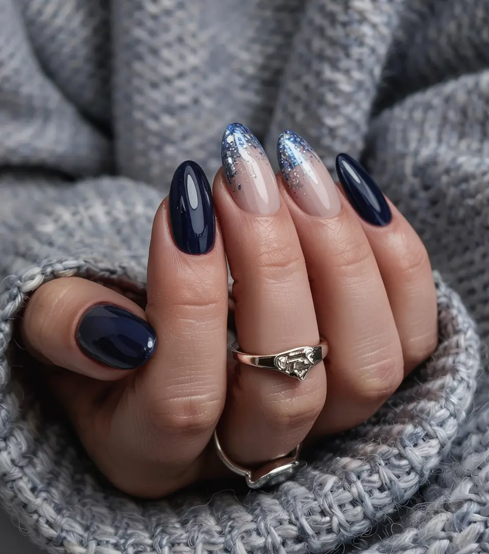winter almond nails ideas 2025-2026 Midnight Velvet Navy Silver Spark